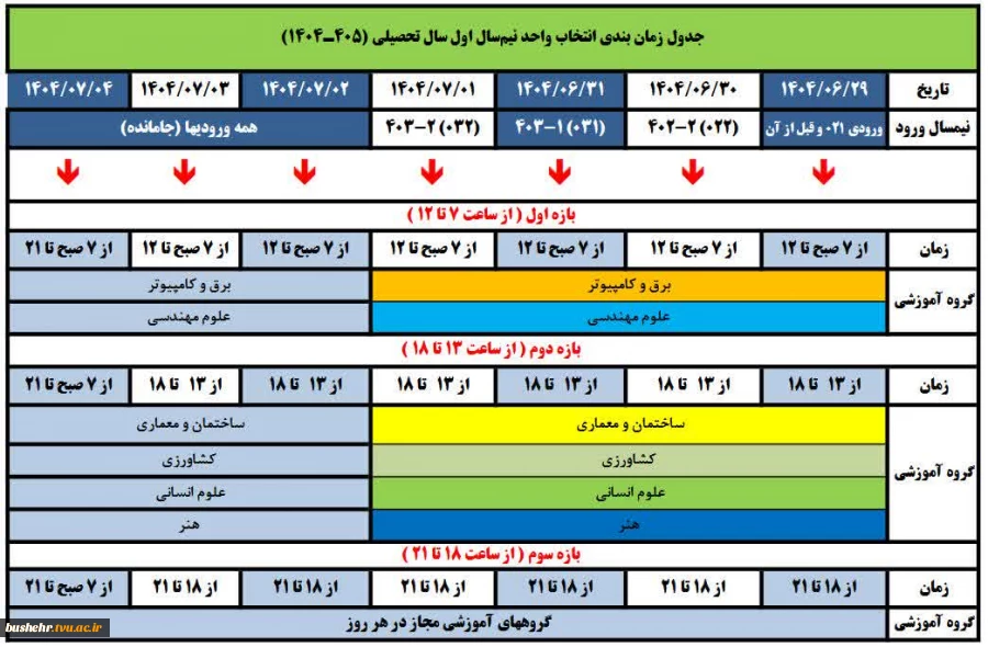 جدول زمان‌بندی انتخاب واحد نیم‌سال اول ۱۴۰۴ (۰۴۱) 2