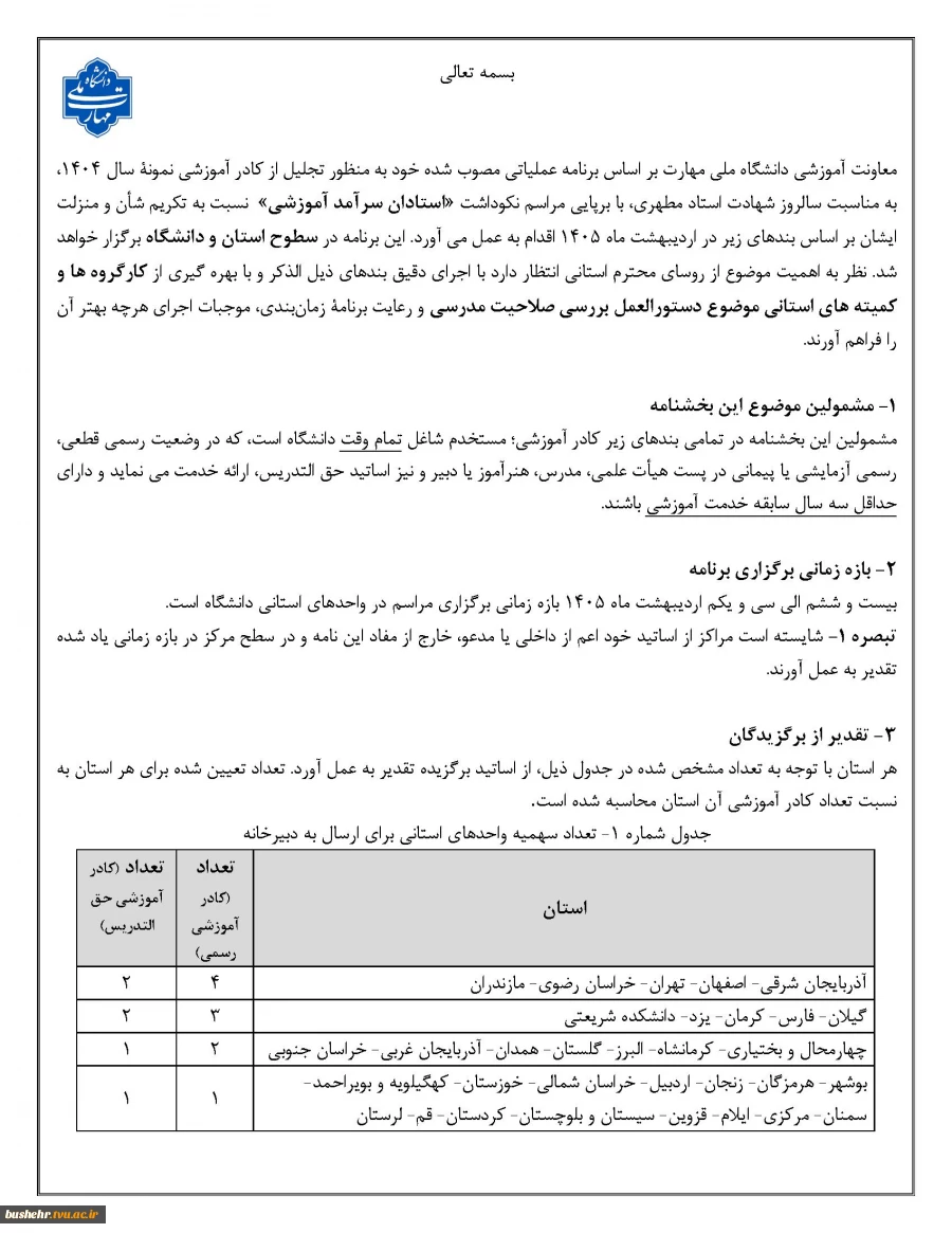 فراخوان جشنواره انتخاب "استادان سرآمد آموزشی" دانشگاه ملی مهارت در سطوح استان و دانشگاه 2
