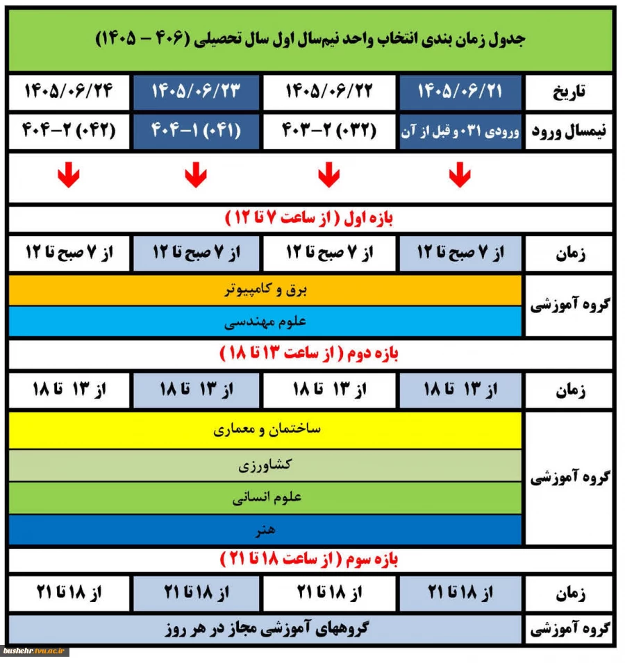 جدول زمانبندی انتخاب واحد نیمسال اول سال تحصیلی ۴۰۶-۱۴۰۵ 2